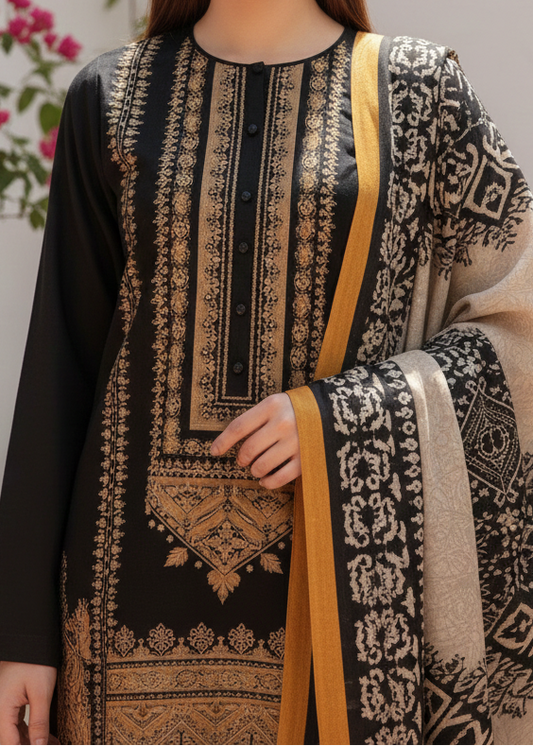 Choices W102 -Embroidered 3pc khaddar dress with printed shawl.