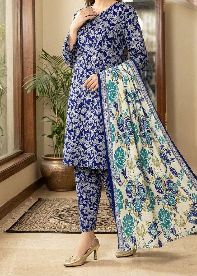 Choices S1349 - Printed & Embroidered 3pc Lawn Dress With Embroidered  Sequence Chiffon Dupatta.