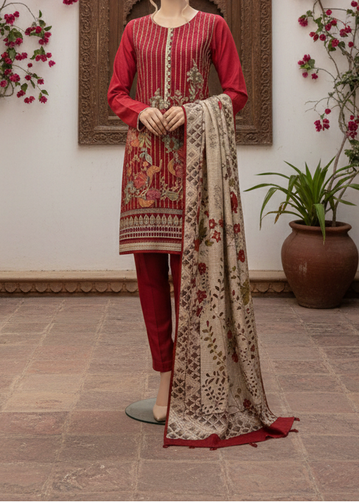Choices W534-Embroidered 3pc khaddar dress With Printed shawl.