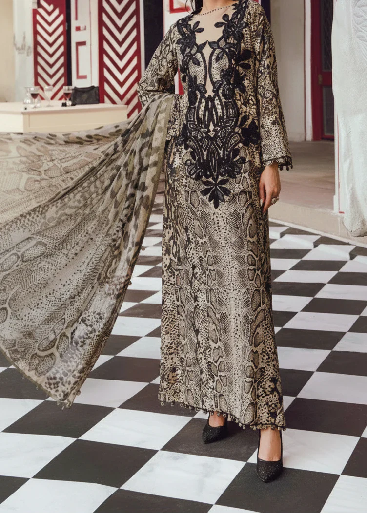 Choices W940 - Embroidered & Digital Printed 3pc Silk Dress With Digital Printed Silk Dupatta.