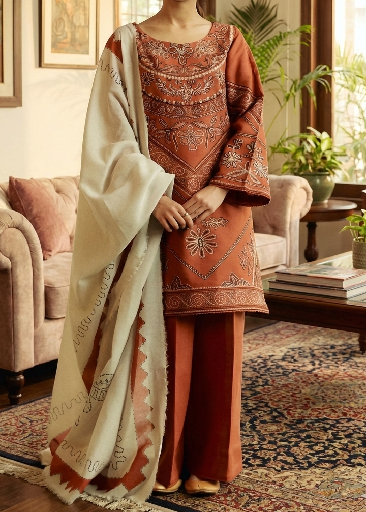 Choices W601- Embroidered 3pc Linen Dress with Printed Shawl.