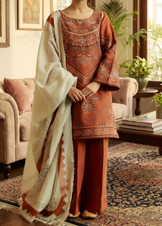 Choices W601- Embroidered 3pc Linen Dress with Printed Shawl.