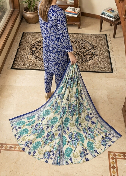 Choices S1349 - Printed & Embroidered 3pc Lawn Dress With Embroidered  Sequence Chiffon Dupatta.