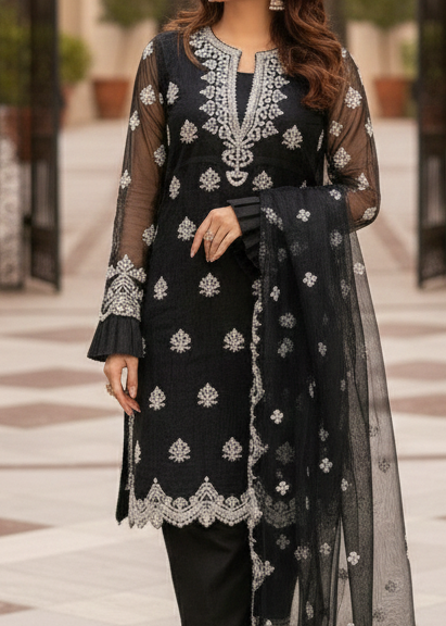 Choices W548-Embroidered 3pc organza dress with Embroidered organza duppata.