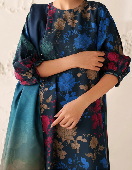 Choices W780 - Digital Printed 3pc Karandi Dress With Digital Printed Karandi Shawl.