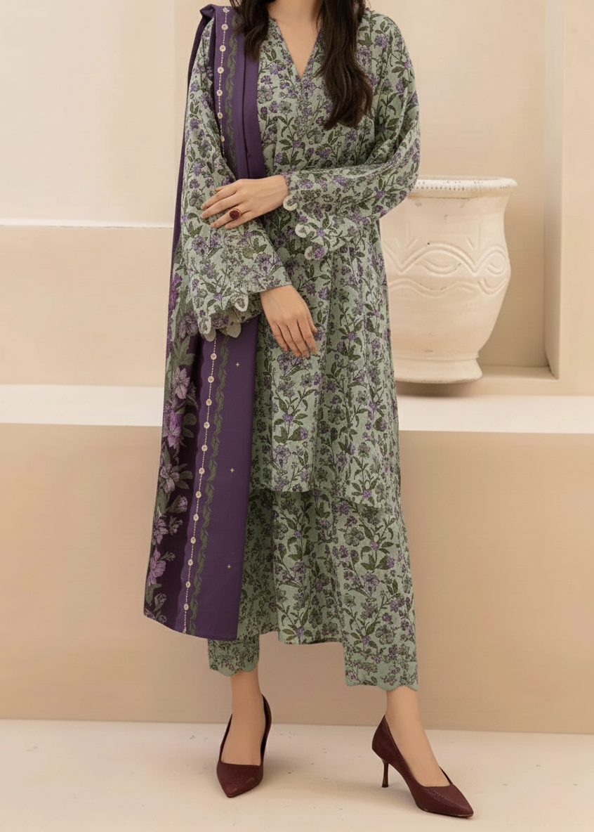 Choices W816 - Digital Printed 3pc Karandi Dress With Digital Printed Karandi Shawl.