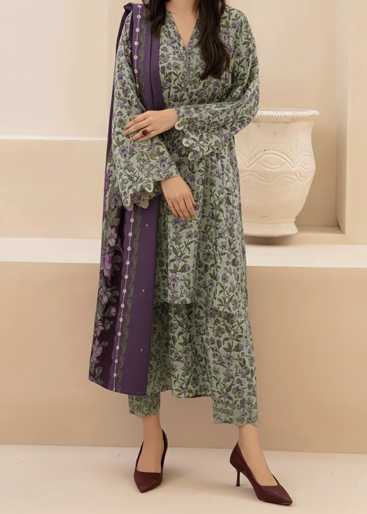 Choices W816 - Digital Printed 3pc Karandi Dress With Digital Printed Karandi Shawl.