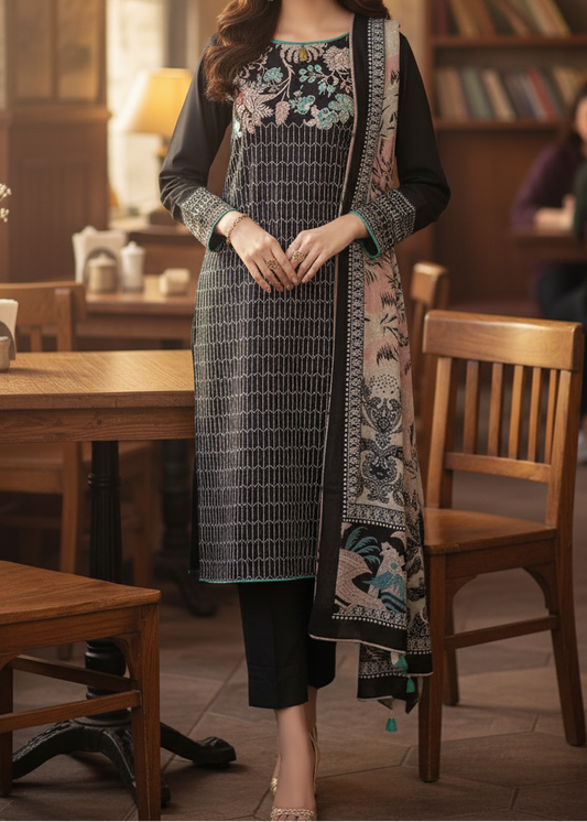 Choices W537-Embroidered 3pc khaddar dress With Printed shawl.