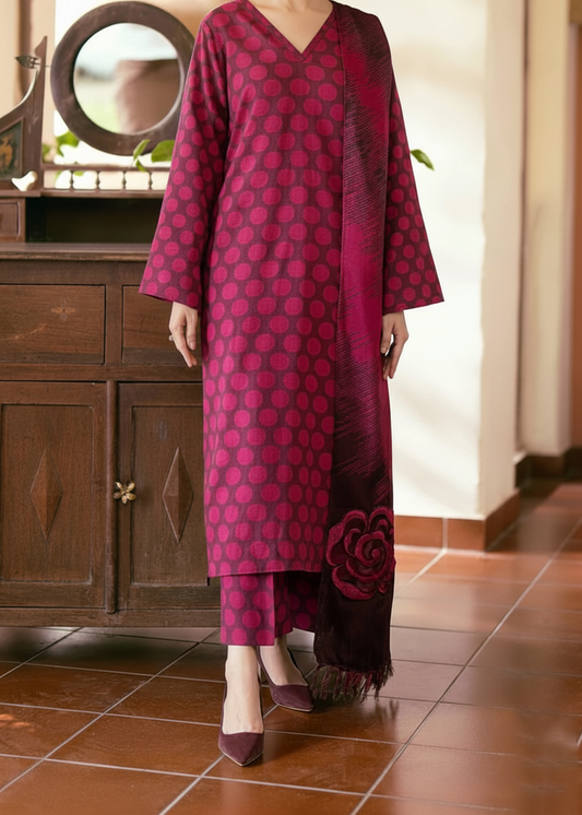 Choices W814 - Digital Printed 3pc Karandi Dress With Digital Printed Karandi Shawl.