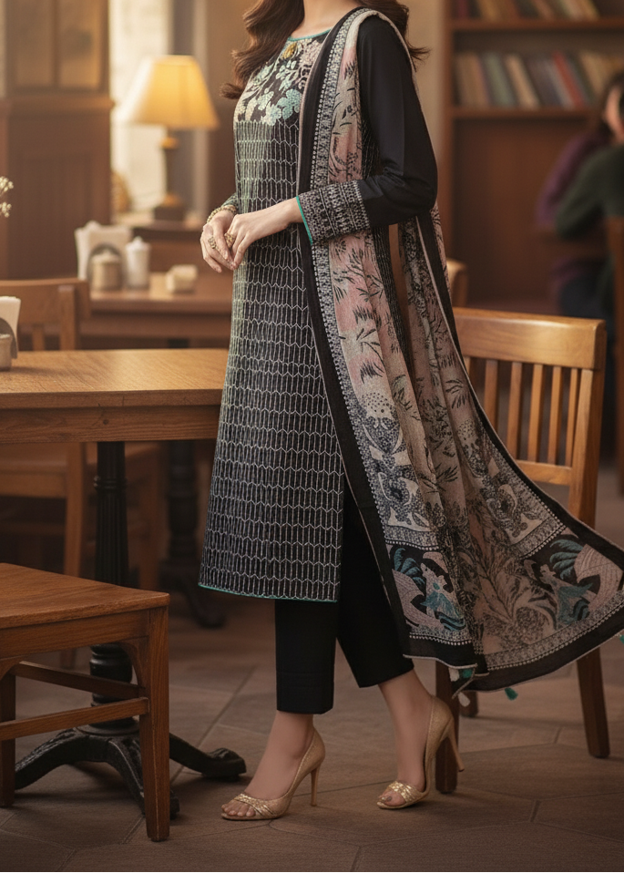Choices W537-Embroidered 3pc khaddar dress With Printed shawl.