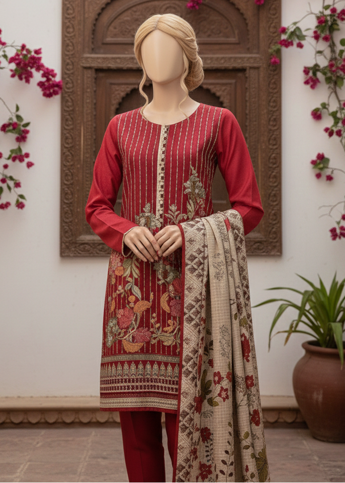 Choices W534-Embroidered 3pc khaddar dress With Printed shawl.