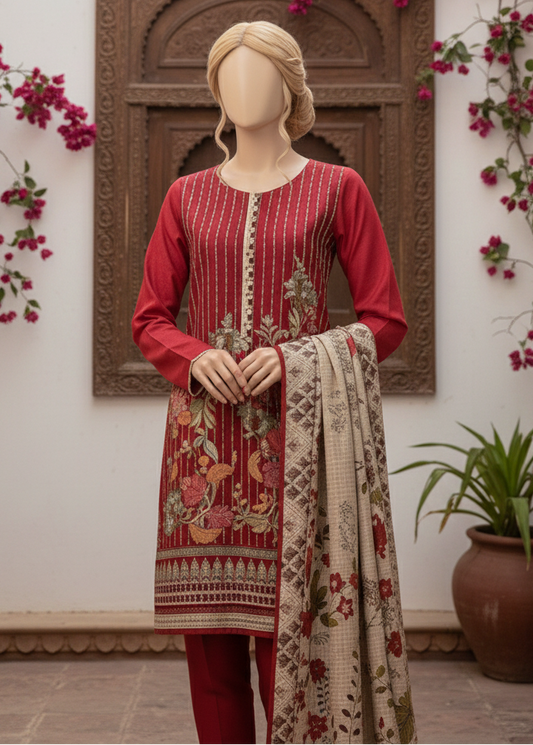 Choices W534-Embroidered 3pc khaddar dress With Printed shawl.