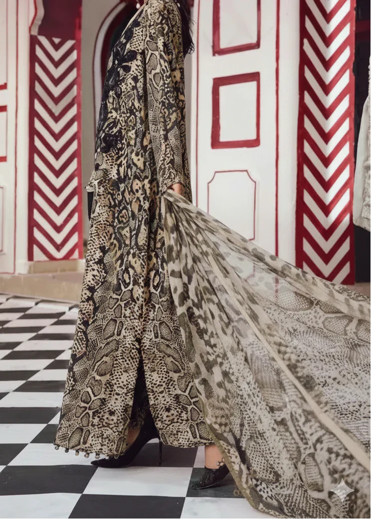 Choices W940 - Embroidered & Digital Printed 3pc Silk Dress With Digital Printed Silk Dupatta.