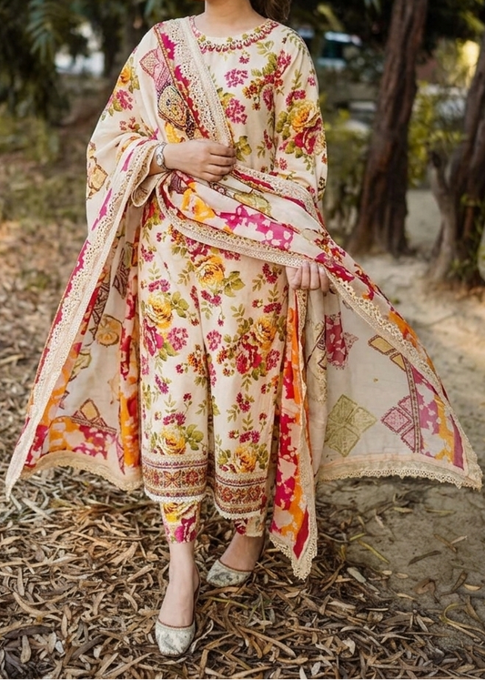 Choices S1353 - Printed & Embroidered 3pc Lawn Dress With Embroidered  Sequence Chiffon Dupatta.
