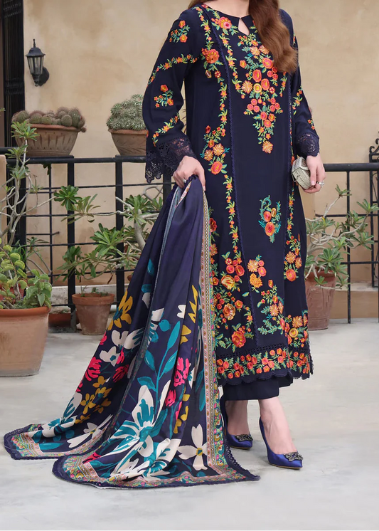 Choices W1017-Embroidered 3pc Marina Dress With Printed Shawl.