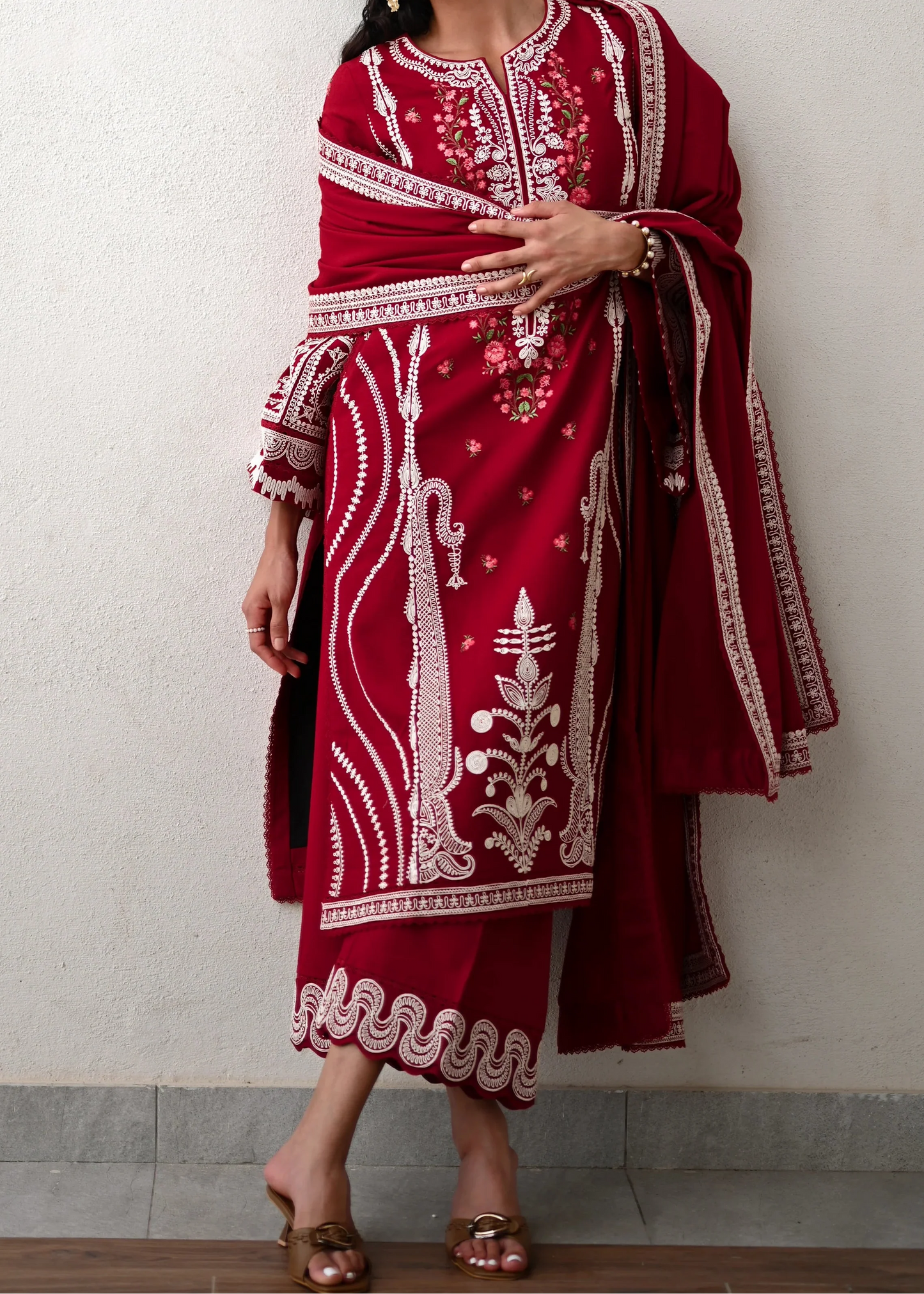 Choices W932-Embroidered 3pc Marina Dress With Embroidered Marina Shawl.