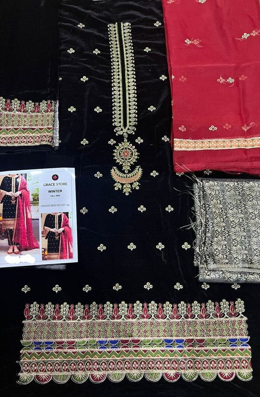 Choices W528- Embroidered 3pc Velvet Dress With Embroidered Organza Dupatta.