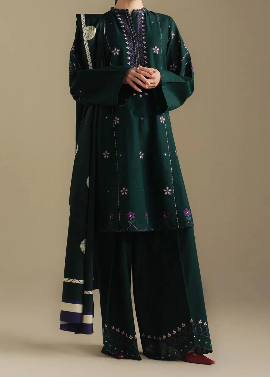 Choices W930-Embroidered 3pc Marina Dress With Printed Shawl.