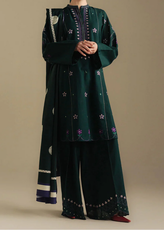 Choices W930-Embroidered 3pc Marina Dress With Printed Shawl.