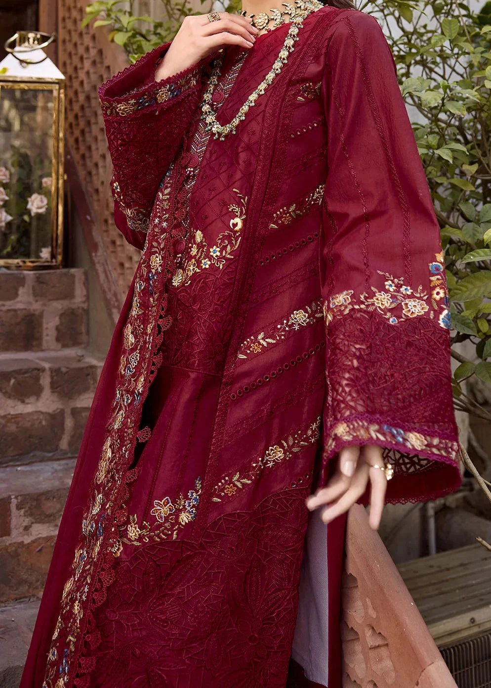 Choices W971-Embroidered 3pc Marina Dress With Printed Shawl.