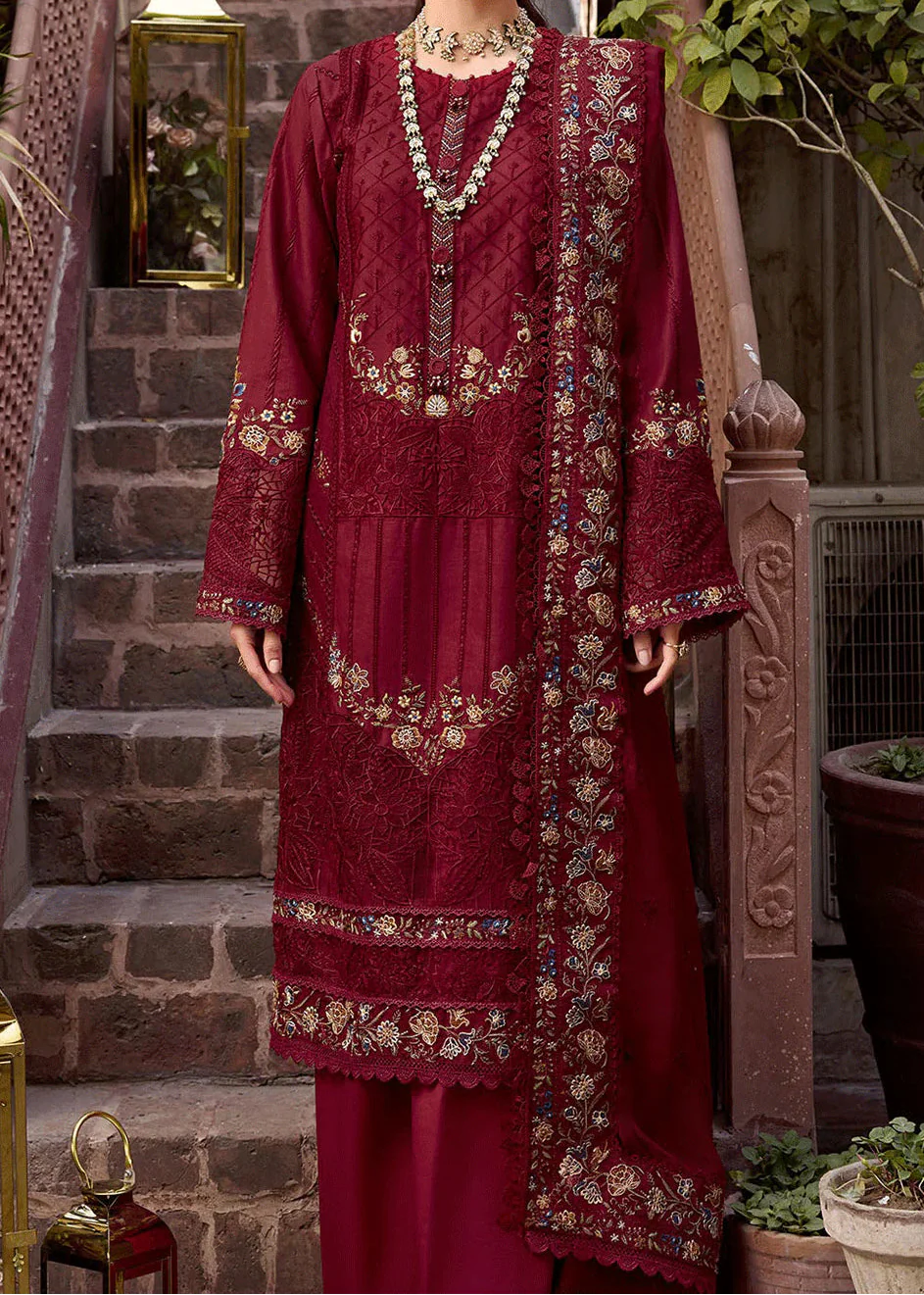 Choices W971-Embroidered 3pc Marina Dress With Printed Shawl.