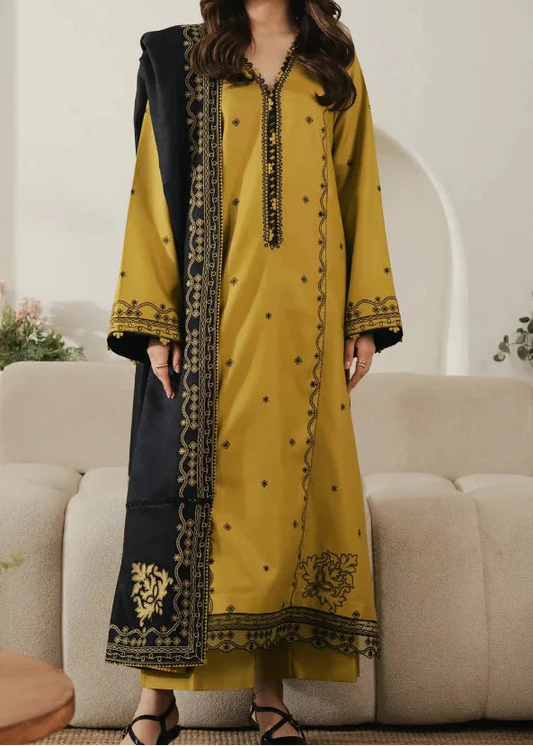 Choices W1010-Embroidered 3pc Marina Dress With Printed Shawl.