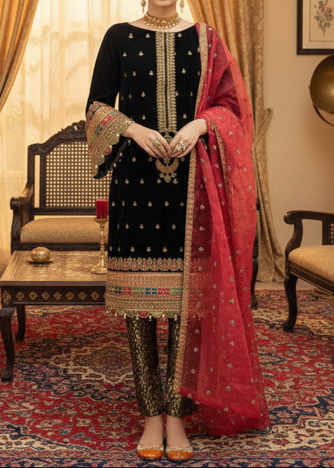 Choices W528- Embroidered 3pc Velvet Dress With Embroidered Organza Dupatta.