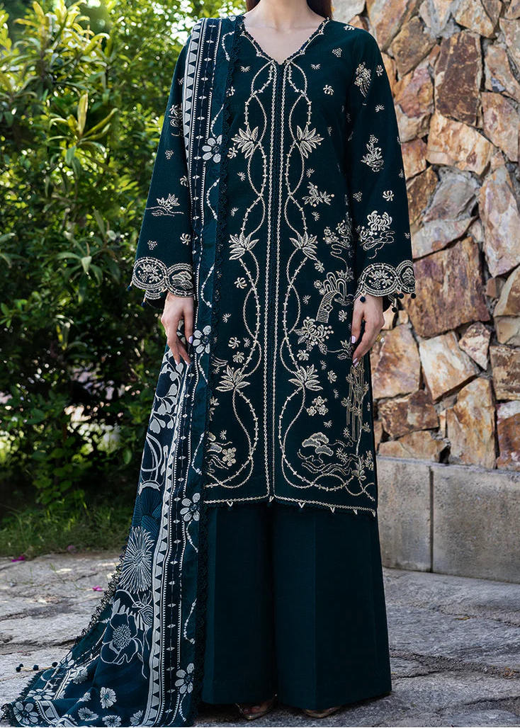 Choices W981-Embroidered 3pc Marina Dress With Printed Shawl.