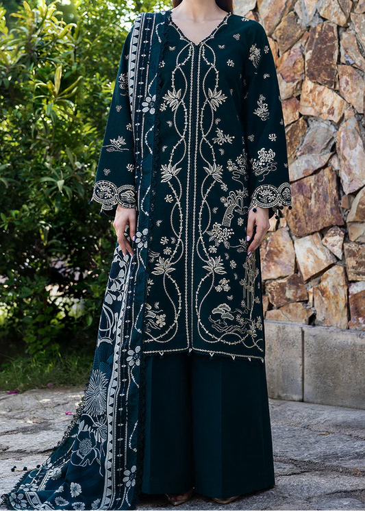 Choices W981-Embroidered 3pc Marina Dress With Printed Shawl.
