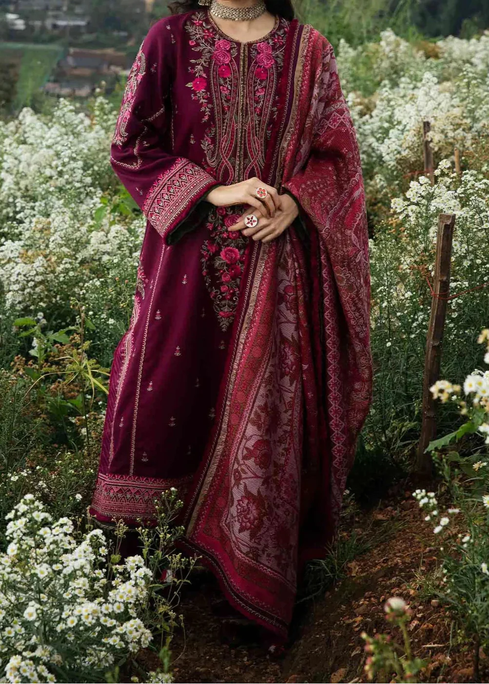 Choices W1001-Embroidered 3pc Marina Dress With Printed Shawl.