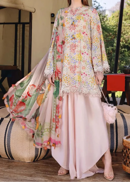 Choices S1363 - Printed & Embroidered 3pc Chickankari Lawn Dress With Embroidered Sequence Chiffon Dupatta.