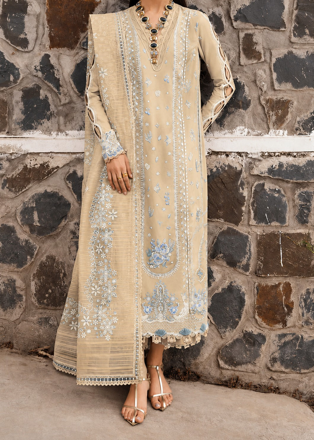 Choices S1483-Embroidered 3pc Lawn Dress With Printed Lawn Dupatta.