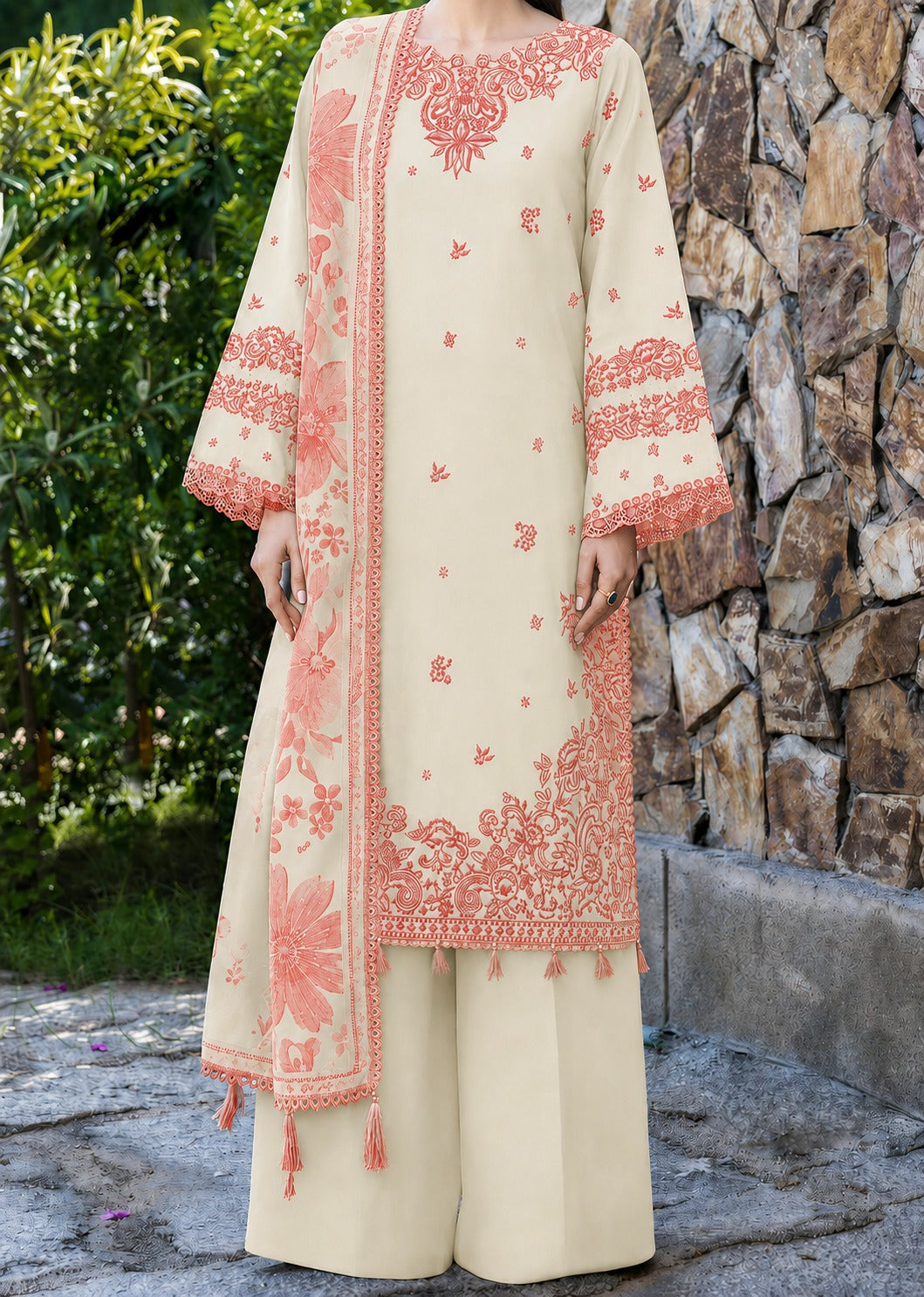 Choices S1495-Embroidered 3pc Lawn Dress With Printed Lawn Dupatta.