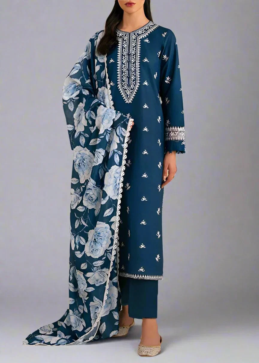 Choices W693-Embroidered 3pc Linen Dress With Printed Shawl