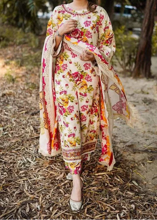 Choices S1353 - Printed & Embroidered 3pc Lawn Dress With Embroidered  Sequence Chiffon Dupatta.
