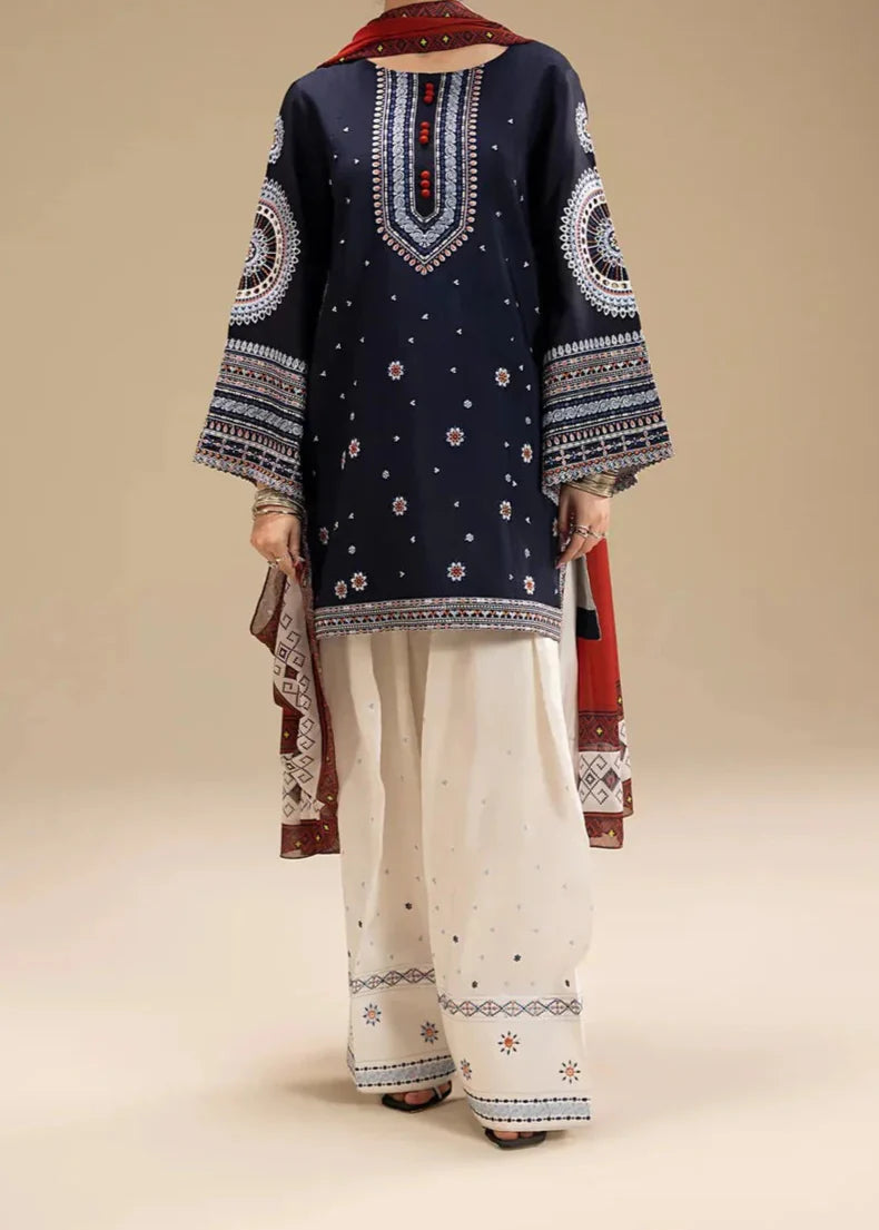 Choices W694-Embroidered 3pc Linen Dress With Printed Shawl