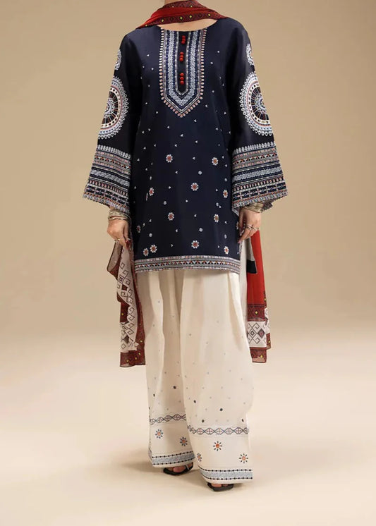 Choices W694-Embroidered 3pc Linen Dress With Printed Shawl
