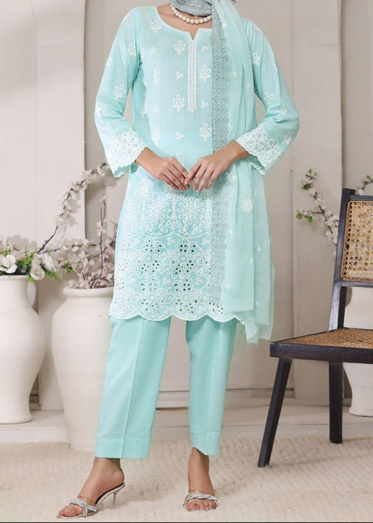 SEAFOAM ELEGANCE – EMBROIDERED CHIKANKARI LAWN UNSTITCHED 3PC SUIT.