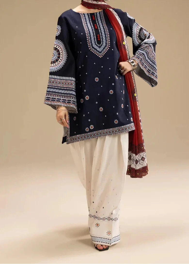 Choices W694-Embroidered 3pc Linen Dress With Printed Shawl