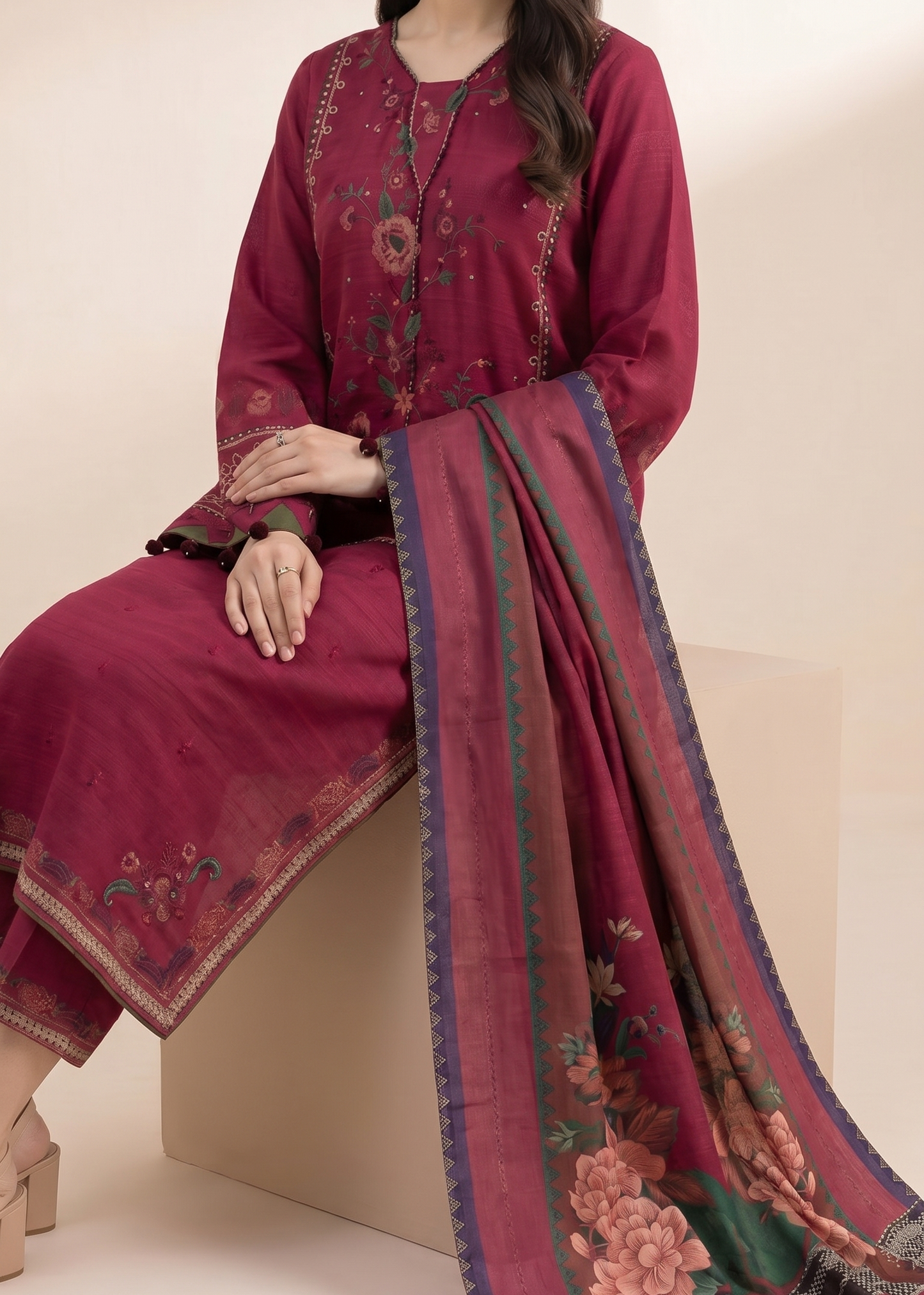 Choices S1380 - Embroidered 3pc Lawn Dress With Printed Lawn Dupatta.