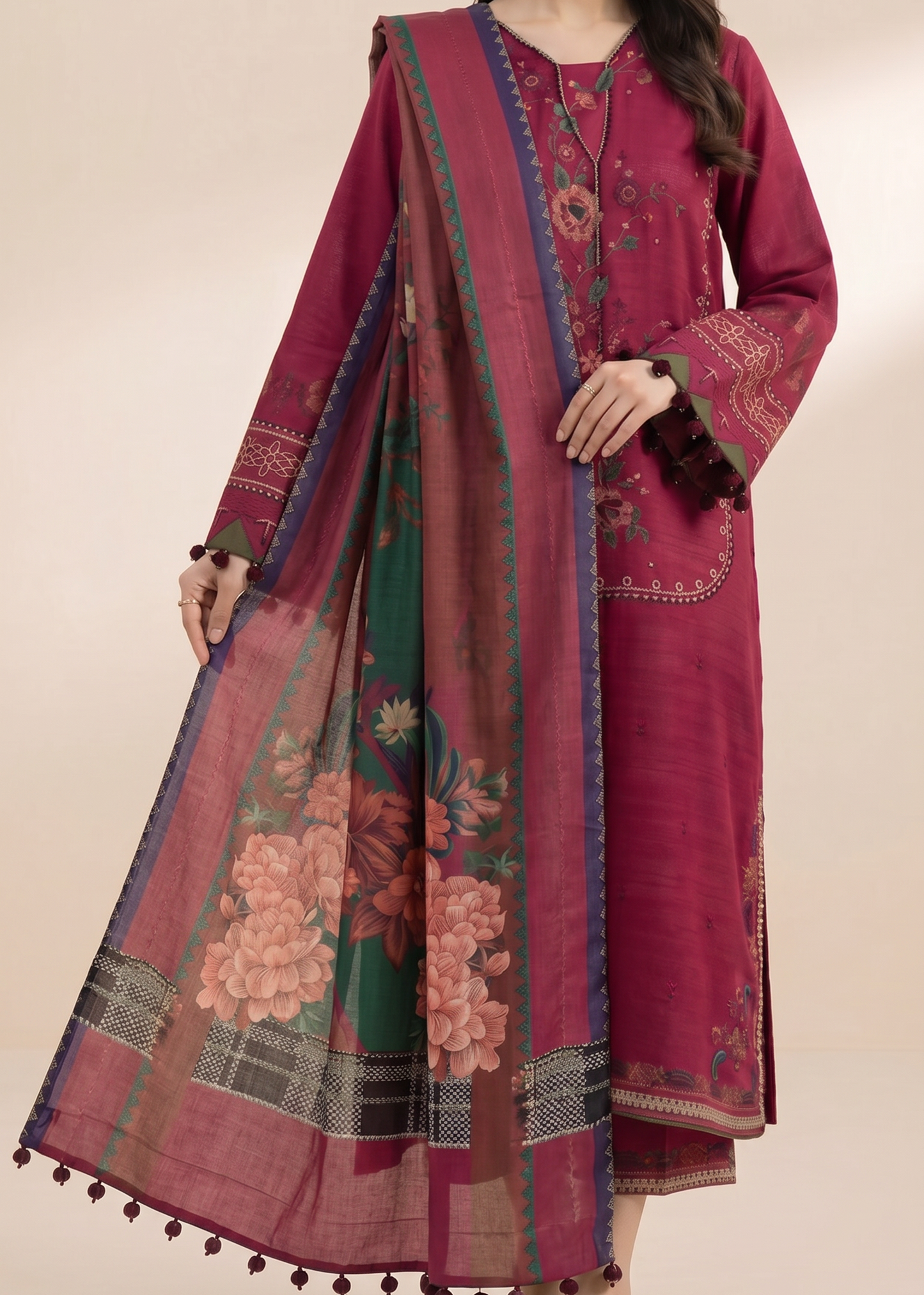 Choices S1380 - Embroidered 3pc Lawn Dress With Printed Lawn Dupatta.