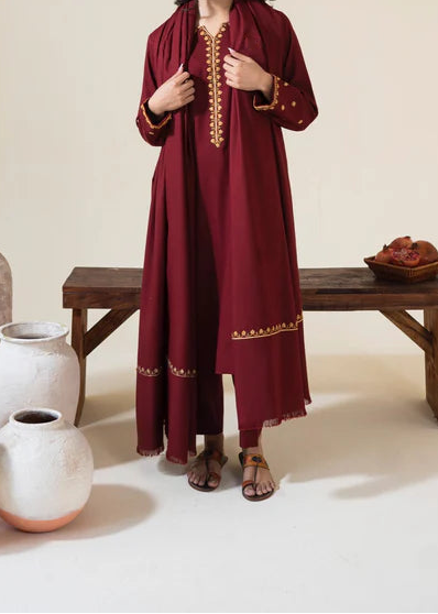 Choices W972-Embroidered 3pc Marina Dress With Embroidered Marina Shawl.