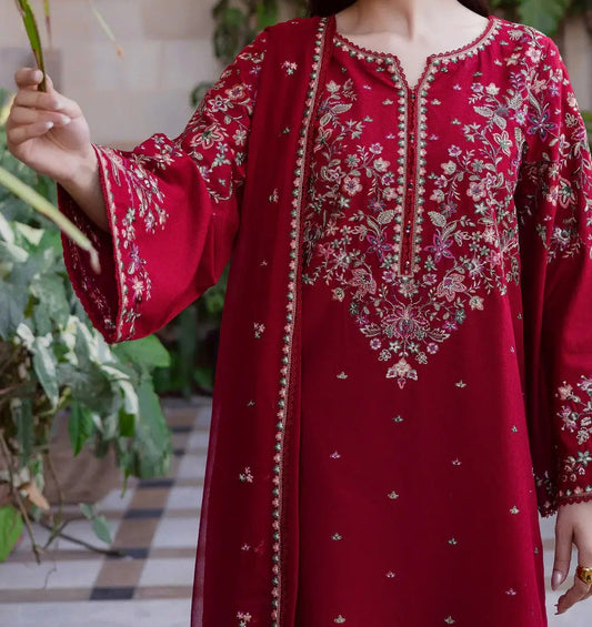 3 Piece Unstitched Heavy Embroidered Lawn Suit ( Full Embroidered Chiffon Dupatta
