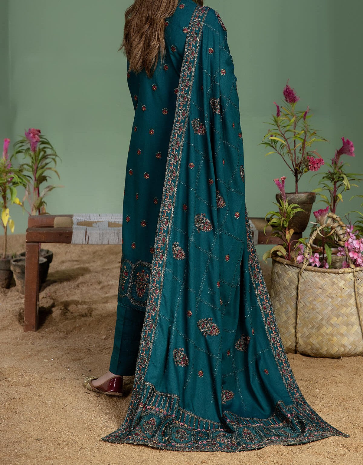 3PC - Unstitched Fully Embroidered Dhanak Suit With 4 Sided Embroidered Dhanak Shawl