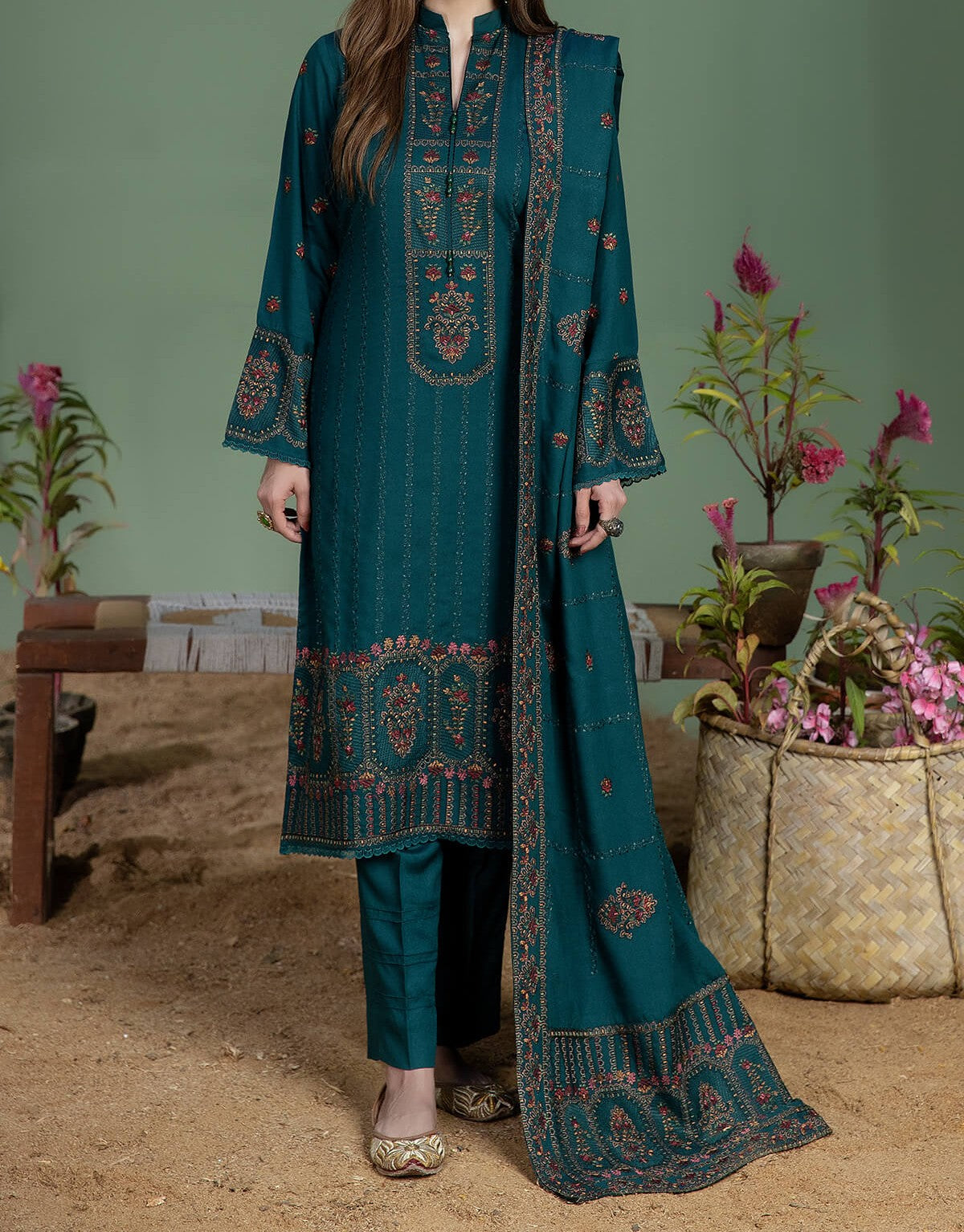 3PC - Unstitched Fully Embroidered Dhanak Suit With 4 Sided Embroidered Dhanak Shawl