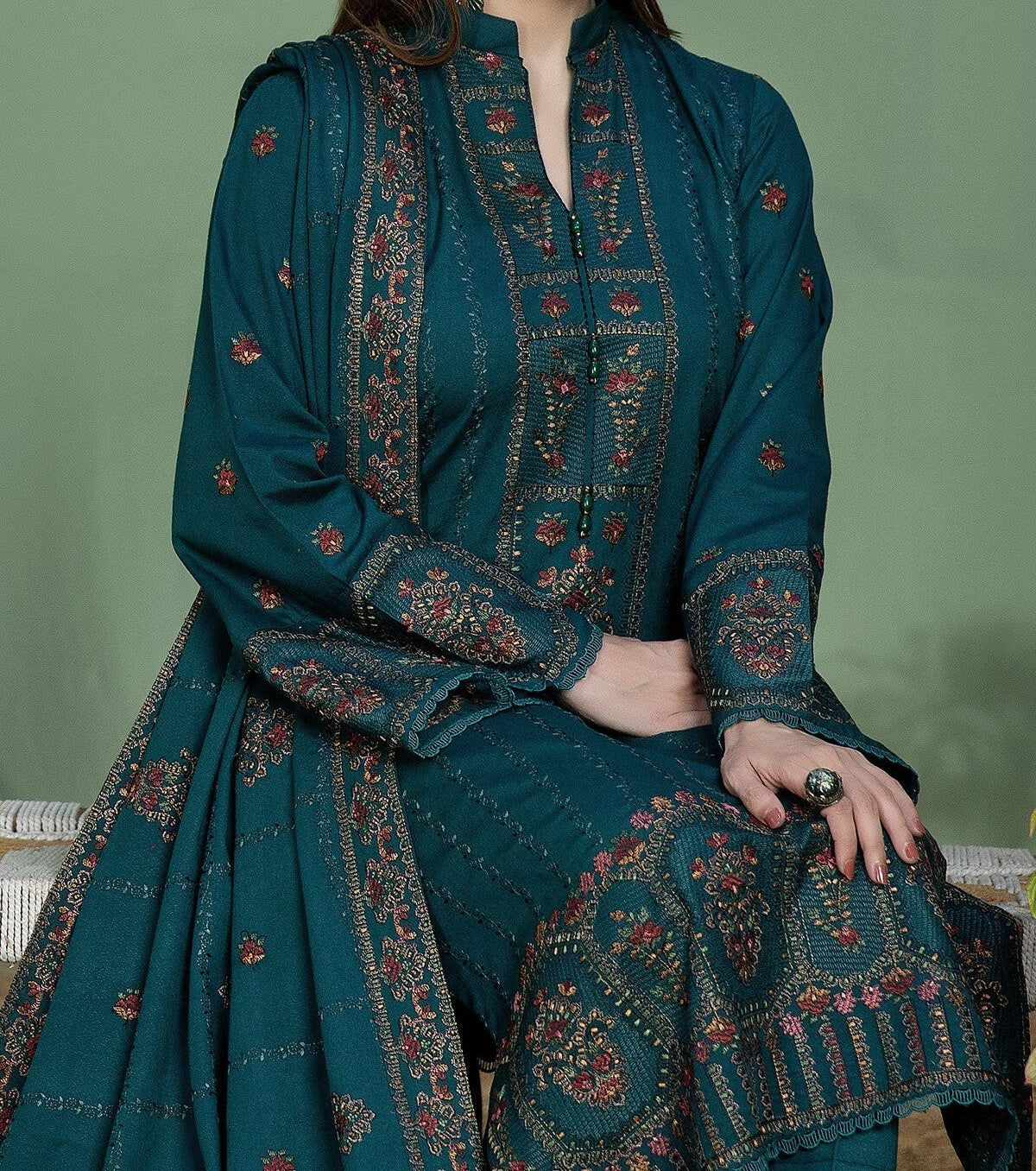 3PC - Unstitched Fully Embroidered Dhanak Suit With 4 Sided Embroidered Dhanak Shawl