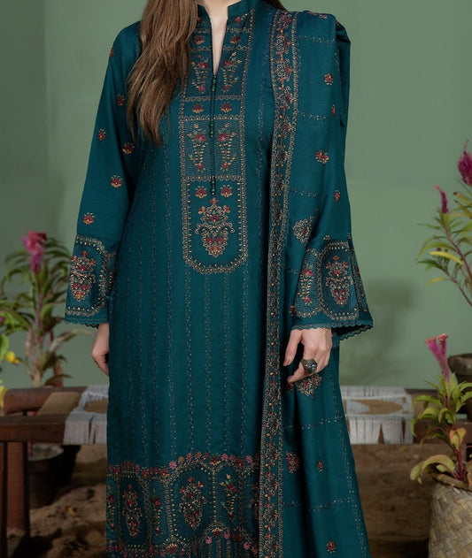 3PC - Unstitched Fully Embroidered Dhanak Suit With 4 Sided Embroidered Dhanak Shawl