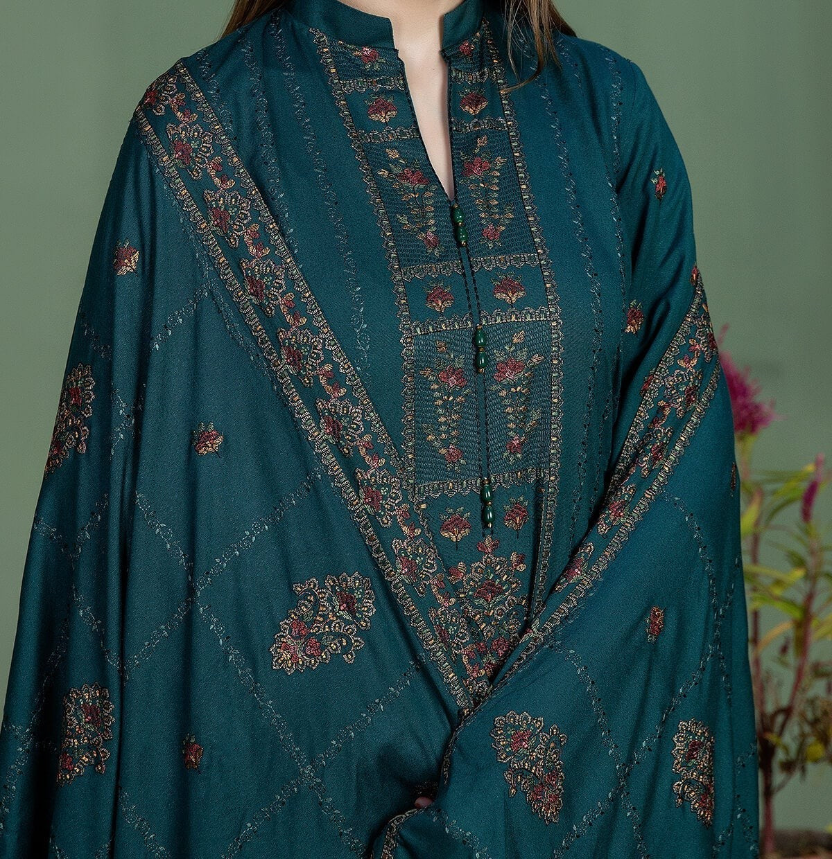 3PC - Unstitched Fully Embroidered Dhanak Suit With 4 Sided Embroidered Dhanak Shawl